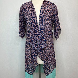 NWT LulaRoe Monroe Kimono Blueish Purple Mint Green Heart Print Size S
